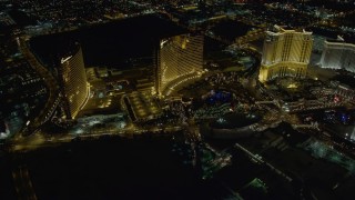 4K aerial stock footage of flying by Encore, Wynn, The Palazzo, Las Vegas, Nevada Night Aerial Stock Footage | DCA03_067