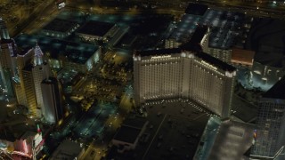 4K aerial stock footage pan across New York New York, Monte Carlo, Aria, Mandarin Oriental, Veers Towers, Las Vegas, Nevada Night Aerial Stock Footage | DCA03_075