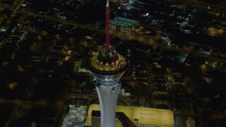 4K aerial stock footage of orbiting top of Stratosphere, Las Vegas, Nevada Night Aerial Stock Footage | DCA03_083