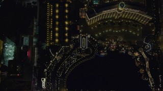 4K aerial stock footage of bird's eye view of The Bellagio, The Bellagio Fountain, Caesar's Palace, Las Vegas, Nevada Night Aerial Stock Footage | DCA03_118