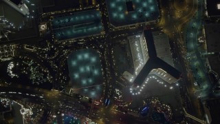 4K aerial stock footage of bird's eye view of The Mirage, Treasure Island, Las Vegas Boulevard, Nevada Night Aerial Stock Footage | DCA03_120