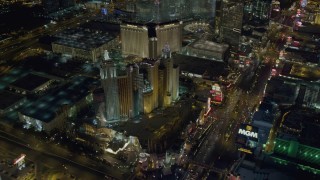 4K aerial stock footage of approaching New York New York Hotel and Casino, Las Vegas, Nevada Night Aerial Stock Footage | DCA03_143