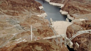 DCA04_007 - 4K aerial stock footage of panning to Hoover Dam, Boulder City, Nevada