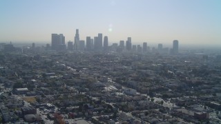 4K aerial stock footage of approaching the Downtown skyline, Los Angeles, California Aerial Stock Footage | DCA05_024