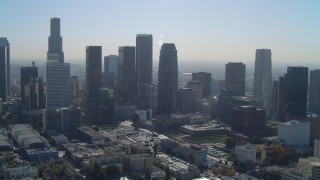 4K aerial stock footage of approaching Aon Center, Figueroa at Wilshire, Downtown, Los Angeles, California Aerial Stock Footage | DCA05_026