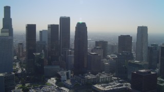 DCA05_027 - 4K aerial stock footage of Aon Center, Figueroa at Wilshire, City National Plaza, Downtown Los Angeles, California