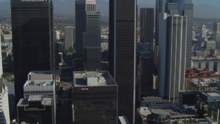 4K aerial stock footage of Figueroa at Wilshire, Paul Hastings Tower, Downtown Los Angeles, California Aerial Stock Footage | DCA05_035