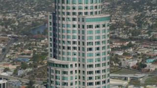 4K aerial stock footage of orbiting US Bank Tower, zoom in, tilt up, Downtown, Los Angeles, California Aerial Stock Footage | DCA05_047