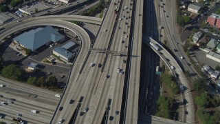 DCA05_051 - 4K aerial stock footage of Interstate 110 and 10 interchange, Downtown Los Angeles, California