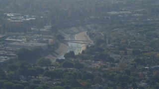 DCA05_060 - 4K aerial stock footage of approaching Ballona Creek, Baldwin Hills, zoom in, Culver City, California