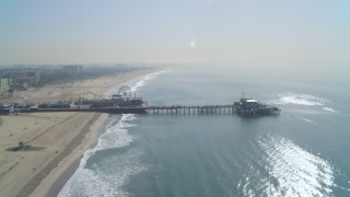 4K aerial stock footage of approach Santa Monica Pier, bird's eye view, end of pier, Santa Monica, California Aerial Stock Footage | DCA05_087