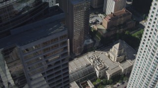 DCA06_008 - 4K aerial stock footage flyby US Bank Tower, tilt to reveal Los Angeles Public Library, Downtown Los Angeles, California