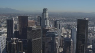 4K aerial stock footage of US Bank Tower at the center of skyscrapers, Downtown Los Angeles, California Aerial Stock Footage | DCA06_016