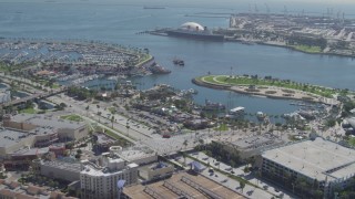 DCA06_021 - 4K aerial stock footage fly over restaurants, approaching Queen Mary, Downtown Long Beach, California