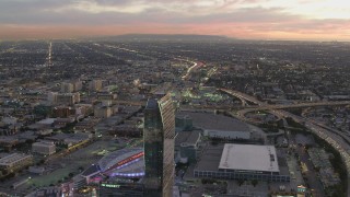 4K aerial stock footage of flying away from The Ritz-Carlton, West Los Angeles, Downtown Los Angeles, California, twilight Aerial Stock Footage | DCA07_021