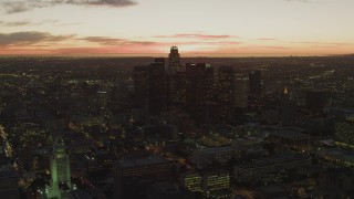 4K aerial stock footage of approaching Downtown skyline, Los Angeles, California, twilight Aerial Stock Footage | DCA07_025