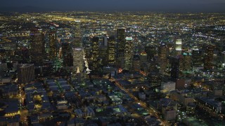 4K aerial stock footage of approaching Downtown skyscrapers, Los Angeles, California, night Aerial Stock Footage | DCA07_037