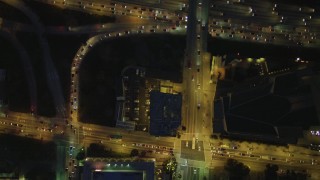 4K aerial stock footage of bird's eye view following North Grand Avenue to Highway 101, Downtown Los Angeles, California, night Aerial Stock Footage | DCA07_044