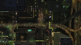 4K aerial stock footage of bird's eye view following South Figueroa through Downtown, Los Angeles, California, night Aerial Stock Footage | DCA07_048