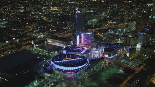 DCA07_061 - 4K aerial stock footage of orbiting The Ritz-Carlton, JW Marriott, LA Live, Nokia Theater, Staples Center, Downtown Los Angeles, California, night