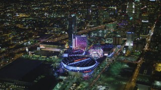 DCA07_062 - 4K aerial stock footage of Staples Center, The Ritz-Carlton, JW Marriott, Nokia Theater, LA Live, Downtown Los Angeles, California, night