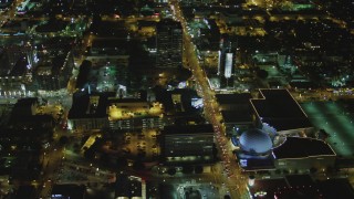 DCA07_084 - 4K aerial stock footage of following Sunset Blvd past Cinerama Dome, to North Gower Street; Hollywood, California, night