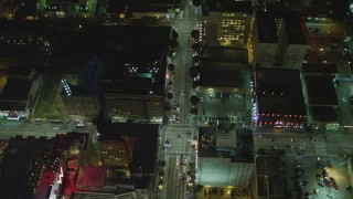 4K aerial stock footage of following Hollywood Boulevard, from Vine to Schrader Blvd, Hollywood, California, night Aerial Stock Footage | DCA07_088