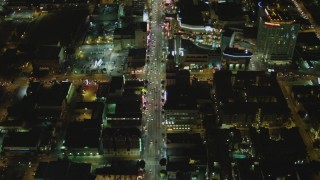 4K aerial stock footage of Hollywood Blvd, reveal Hollywood and Highland Center, Hollywood, California, night Aerial Stock Footage | DCA07_089