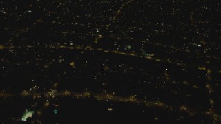 4K aerial stock footage of approaching a residential neighborhood, Beverly Hills, California, night Aerial Stock Footage | DCA07_104