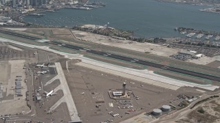 4K aerial stock footage of panning across the San Diego International Airport, California Aerial Stock Footage | DCA08_009