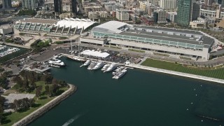 4K aerial stock footage of yachts by the convention center in Downtown San Diego, California Aerial Stock Footage | DCA08_015