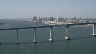 4K aerial stock footage of the Coronado Bridge, and Downtown San Diego in the background, California Aerial Stock Footage | DCA08_017