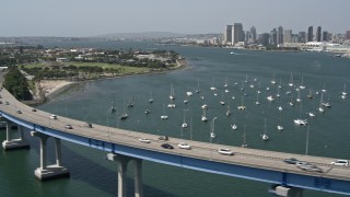 DCA08_018E - 4K aerial stock footage of Coronado Bridge and the city skyline, Downtown San Diego, California