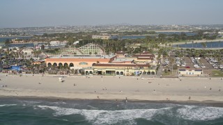 4K aerial stock footage of a beachside roller coaster, Mission Beach, California Aerial Stock Footage | DCA08_153