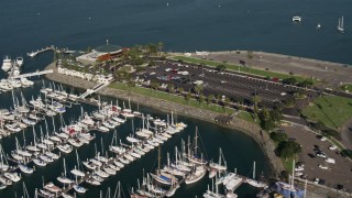 4K aerial stock footage fly over an oceanfront restaurant, Shelter Island, California Aerial Stock Footage | DCA08_179