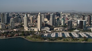 4K aerial stock footage of skyscrapers and luxury waterfront hotels, Downtown San Diego, California Aerial Stock Footage | DCA08_181