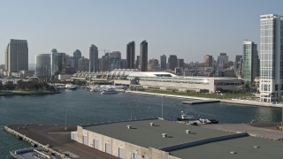 4K aerial stock footage of a waterfront hotel and convention center, Downtown San Diego, California Aerial Stock Footage | DCA08_192E