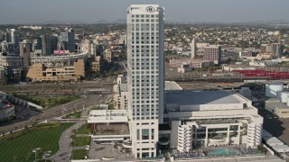 4K aerial stock footage flyby a waterfront hotel in Downtown San Diego, California Aerial Stock Footage | DCA08_202