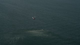 DCA08_205E - 4K aerial stock footage orbit a Coast Guard helicopter hovering over San Diego Bay, California