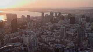 4K aerial stock footage approach skyscrapers at sunset in Downtown San Diego, California Aerial Stock Footage | DCA08_302