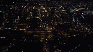 4K aerial stock footage of skyscrapers, hotels and convention center at night in Downtown San Diego, California Aerial Stock Footage | DCA08_343