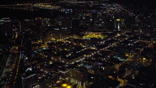 4K aerial stock footage of city skyscrapers in Downtown San Diego, California, Night Aerial Stock Footage | DCA08_345