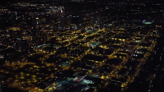 4K aerial stock footage approach downtown and pan to skyscrapers, Downtown San Diego, California, Night Aerial Stock Footage | DCA08_366