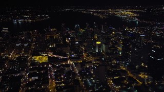 4K aerial stock footage of a wide view of downtown skyscrapers, Downtown San Diego, California, Night Aerial Stock Footage | DCA08_368