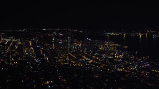 4K aerial stock footage of a wide view of skyscrapers in Downtown San Diego, California, Night Aerial Stock Footage | DCA08_371