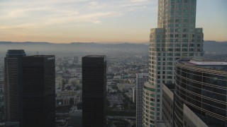 5K aerial stock footage flyby Gas Company Tower and US Bank Tower in Downtown Los Angeles at sunset, California Aerial Stock Footage | DCLA_021