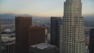 5K aerial stock footage fly over and approach tower at sunset in Downtown Los Angeles, California Aerial Stock Footage | DCLA_027