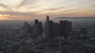 5K aerial stock footage of Downtown Los Angeles skyscrapers at sunset, California Aerial Stock Footage | DCLA_046