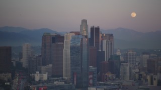 5K aerial stock footage of full moon and Downtown Los Angeles skyscrapers at twilight, California Aerial Stock Footage | DCLA_063