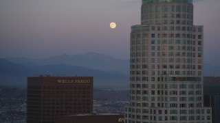 5K aerial stock footage of full moon and skyscrapers in Downtown Los Angeles at twilight, California Aerial Stock Footage | DCLA_073